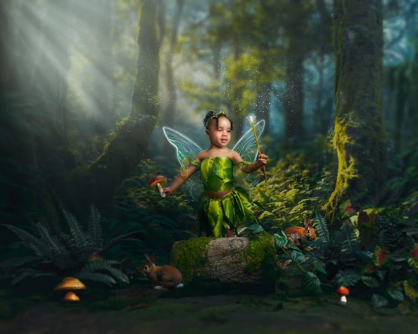 Niña vestida de hada, con traje verde de hojas, alas translúcidas y una diadema dorada. Sostiene una varita luminosa y una seta roja, de pie sobre un tronco cubierto de musgo. A su alrededor, conejos, helechos y hongos en un bosque atravesado por la luz.